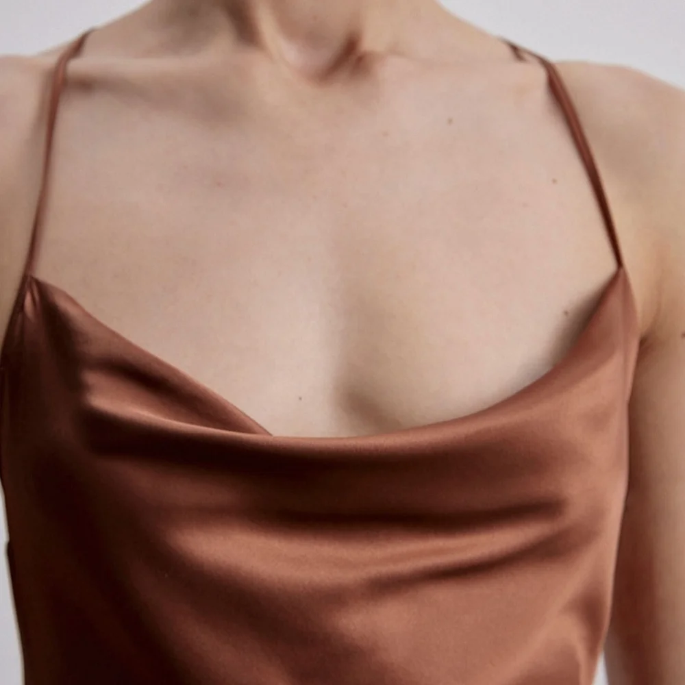 Silk Maison Lounge Cowl Neck Midi 100% Mulberry Silk Slip Dress XS Mocha Mousse - Picture 3 of 9